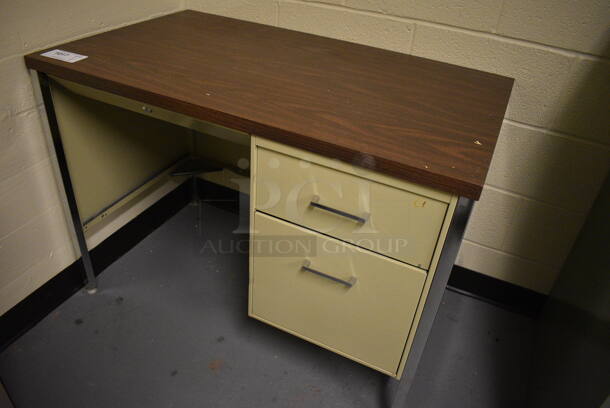 Tan Metal Desk w/ Wood Pattern Desktop. 40x24x29. (south basement 024) - Image 2 of 3