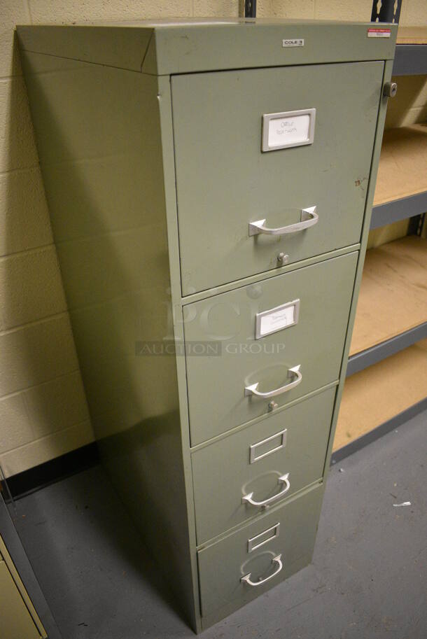 Cole Green Metal 4 Drawer Filing Cabinet. 15x27x52.5. (south basement 024) - Image 2 of 4