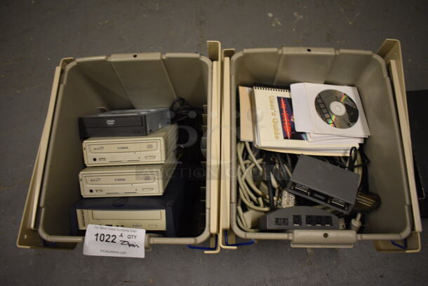 ALL ONE MONEY! Lot of 2 Bins of Various Items Including Drives! (south basement 024)