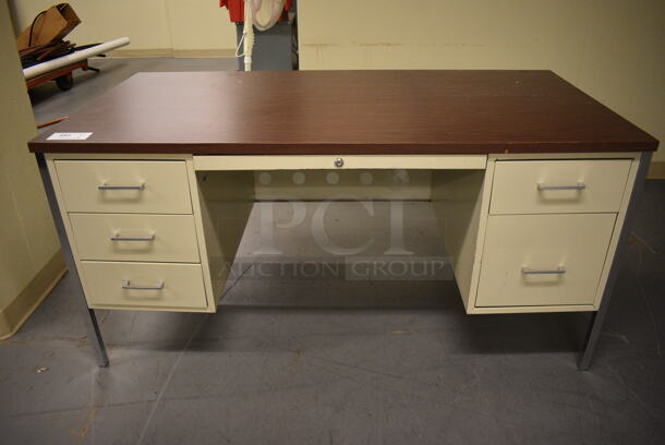 Tan Metal Desk w/ Wood Pattern Desktop. 60x30x29. (north basement 004)