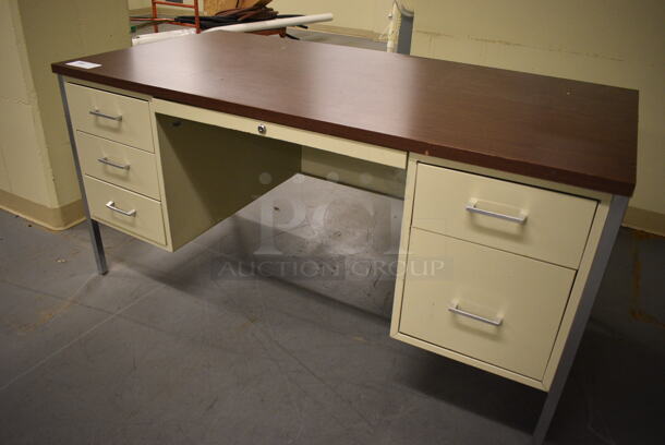 Tan Metal Desk w/ Wood Pattern Desktop. 60x30x29. (north basement 004) - Image 2 of 6