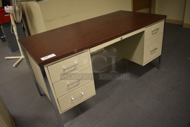 Tan Metal Desk w/ Wood Pattern Desktop. 60x30x29. (north basement 004) - Image 3 of 6