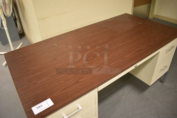 Tan Metal Desk w/ Wood Pattern Desktop. 60x30x29. (north basement 004) - Image 4 of 6