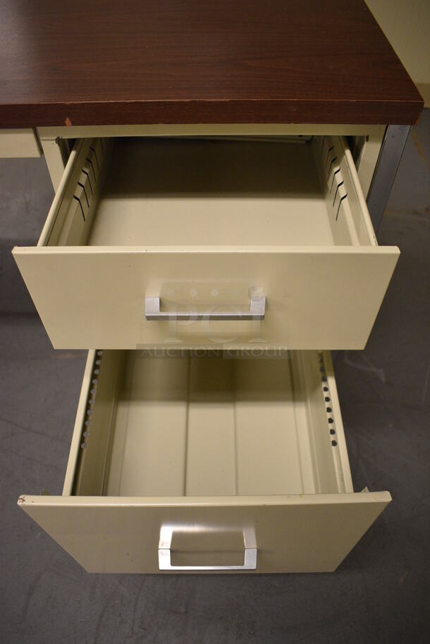 Tan Metal Desk w/ Wood Pattern Desktop. 60x30x29. (north basement 004) - Image 6 of 6