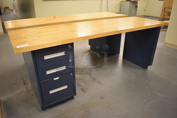 Butcher Block Tabletop on 3 Drawer Filing Cabinet. 96x30x36. (north basement 004)