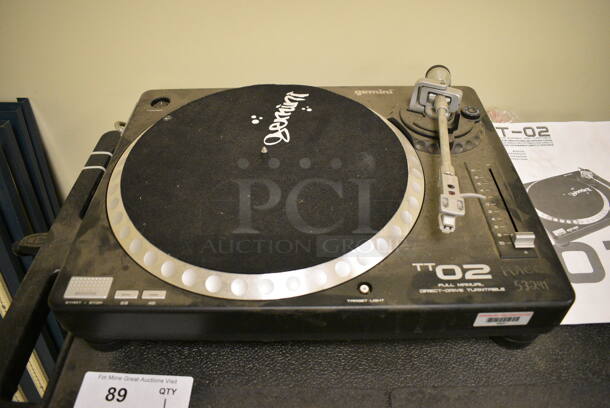 Black AV Cart w/ Gemini TT02 Full Manual Direct Drive Turntable Record Player, GEM Sound GL-99 Power Conditioner and Light Module, Sony Disc Player and 2 JBL Speakers on Commercial Casters. 27x18x45 - Image 2 of 12