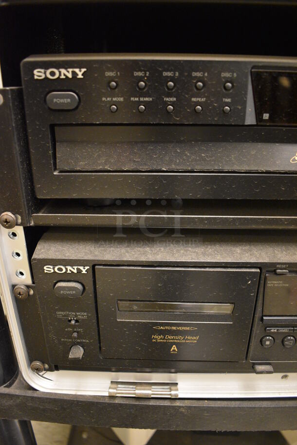 Black AV Cart w/ Gemini TT02 Full Manual Direct Drive Turntable Record Player, GEM Sound GL-99 Power Conditioner and Light Module, Sony Disc Player and 2 JBL Speakers on Commercial Casters. 27x18x45 - Image 8 of 12