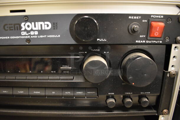 Black AV Cart w/ Gemini TT02 Full Manual Direct Drive Turntable Record Player, GEM Sound GL-99 Power Conditioner and Light Module, Sony Disc Player and 2 JBL Speakers on Commercial Casters. 27x18x45 - Image 9 of 12