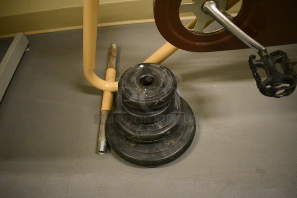 DP Pacer Metal Exercise Bicycle, Two 2.5 Pound Weight Plate, Olympic 5 Pound Weight Plate and Olympic 10 Pound Weight Plate. 24x43x40. (south basement hallway) - Image 2 of 5