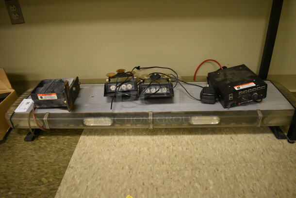 Light Bar w/ Speaker, 2 Lights and Federal Signal PA640. 47x12x5. (room 105)