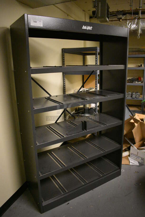 Lab-Volt Gray Metal Shelving Unit. 48x19.5x77.5. (south basement 018)