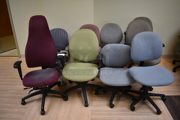 10 Various Colored Office Chairs on Casters. Includes 24x23x37. 10 Times Your Bid! (corridor outside 205)