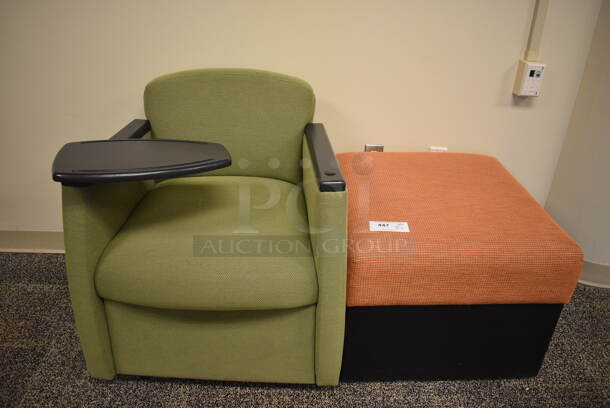 2 Various Items; Green Chair w/ Desktop and Orange Chair. 24x25x19, 28x26x30. 2 Times Your Bid! (room 208)