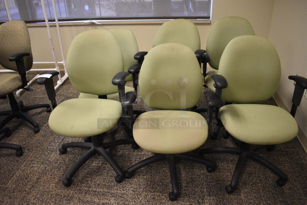 6 Green Office Chairs w/ Arm Rests on Casters. 24x23x36. 6 Times Your Bid! (room 208)