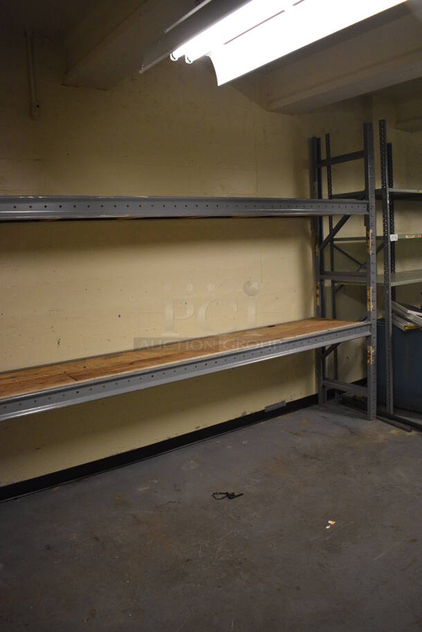 ALL ONE MONEY! Lot of Metal Shelving Unit w/ 2 Wooden Shelves. BUYER MUST REMOVE: Give Yourself Ample Time To Remove This Item on Pick Up Day. 144x25x97. (north basement 004c) - Image 3 of 4