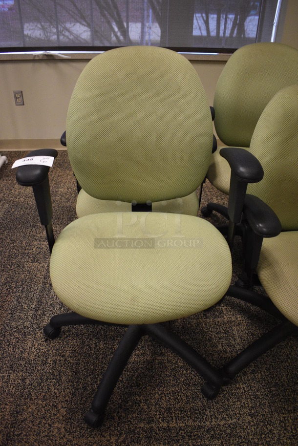 6 Green Office Chairs w/ Arm Rests on Casters. 24x23x36. 6 Times Your Bid! (room 208) - Image 2 of 4
