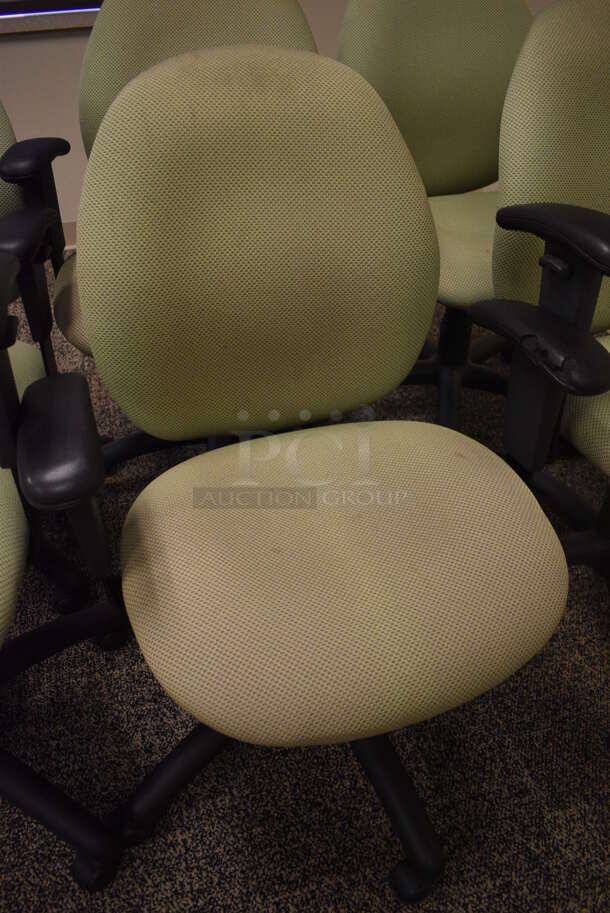 6 Green Office Chairs w/ Arm Rests on Casters. 24x23x36. 6 Times Your Bid! (room 208) - Image 3 of 4