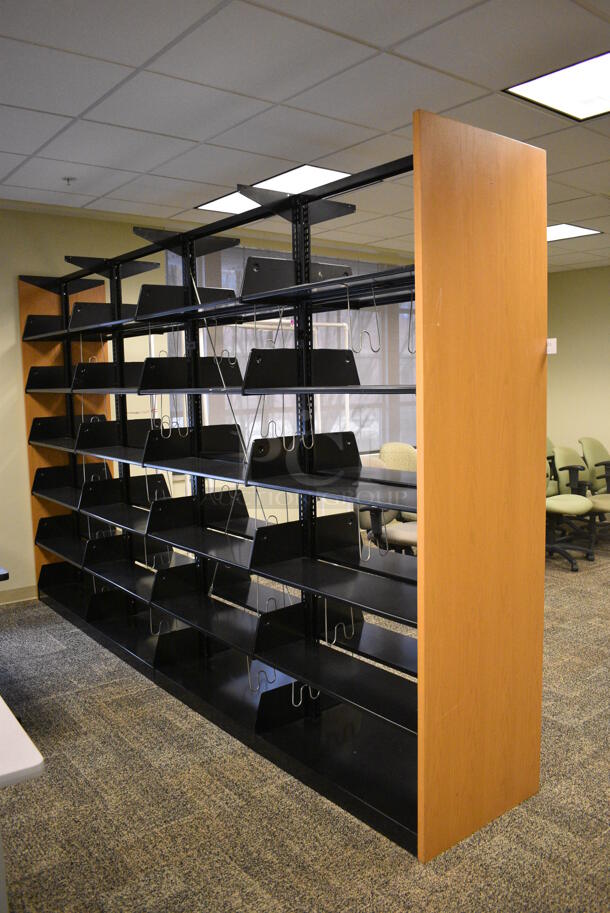 Wooden and Metal Library Bookshelf Rack. BUYER MUST REMOVE: Give Yourself Ample Time To Remove This Item on Pick Up Day. 146x25x90. (room 208)