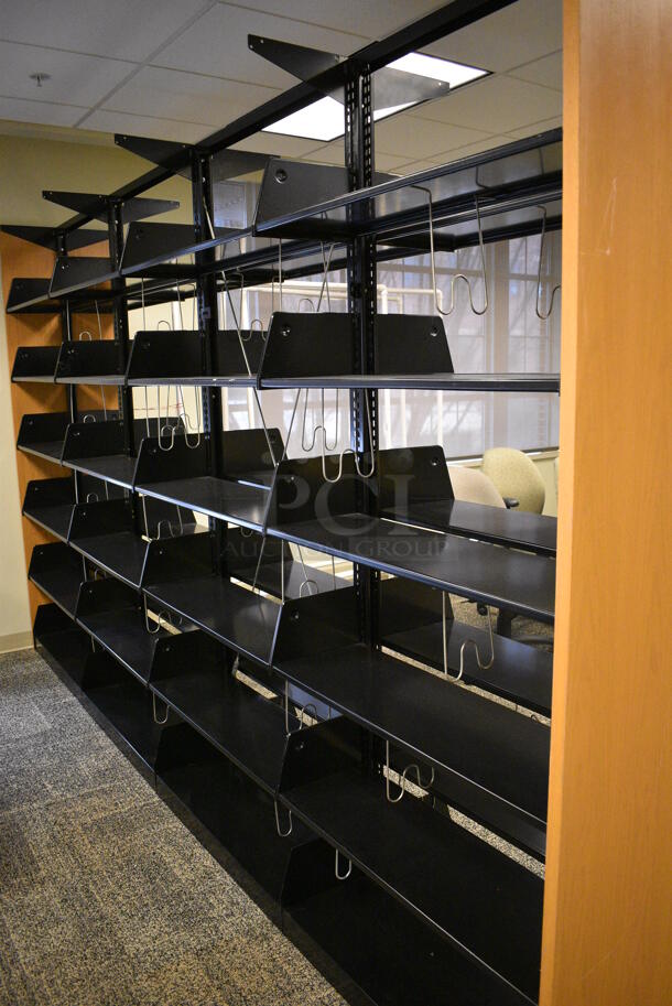 Wooden and Metal Library Bookshelf Rack. BUYER MUST REMOVE: Give Yourself Ample Time To Remove This Item on Pick Up Day. 146x25x90. (room 208) - Image 2 of 6