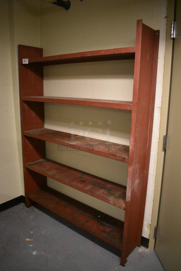 Red Metal 5 Tier Shelving Unit. BUYER MUST REMOVE: Give Yourself Ample Time To Remove This Item on Pick Up Day. 57x12x76. (north basement 004c)