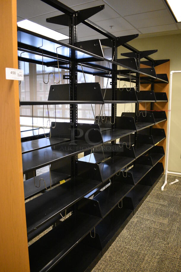 Wooden and Metal Library Bookshelf Rack. BUYER MUST REMOVE: Give Yourself Ample Time To Remove This Item on Pick Up Day. 146x25x90. (room 208) - Image 4 of 6