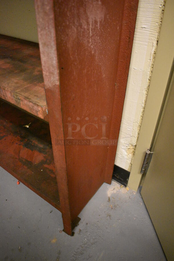 Red Metal 5 Tier Shelving Unit. BUYER MUST REMOVE: Give Yourself Ample Time To Remove This Item on Pick Up Day. 57x12x76. (north basement 004c) - Image 4 of 4