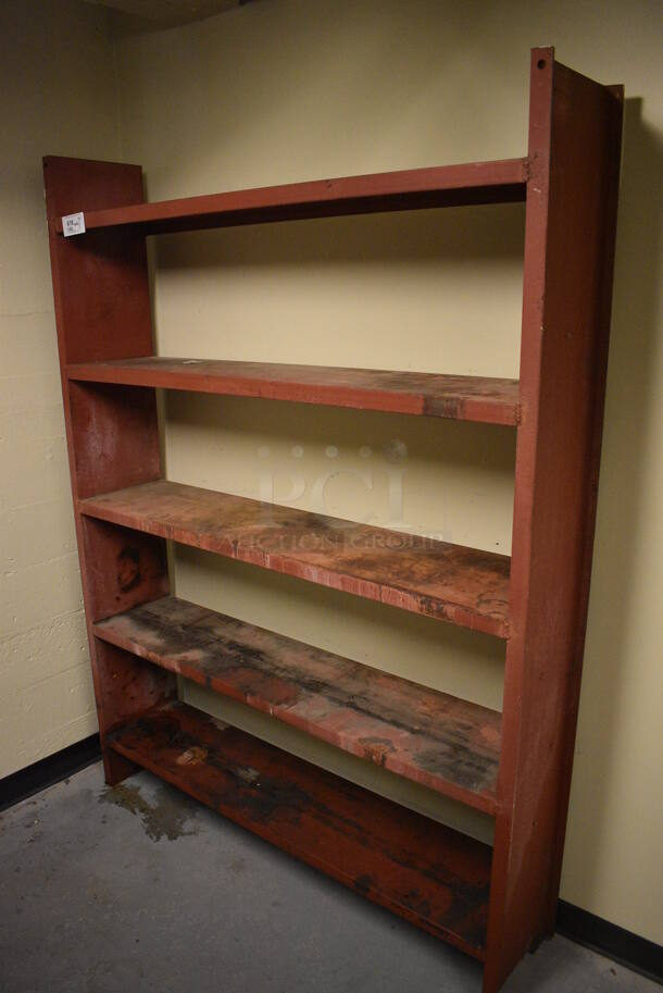Red Metal 5 Tier Shelving Unit. BUYER MUST REMOVE: Give Yourself Ample Time To Remove This Item on Pick Up Day. 57x12x76. (north basement 004c)