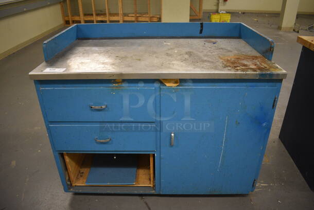 Blue Metal Table w/ 2 Drawers and Door. 48x30x39. (north basement 004e)