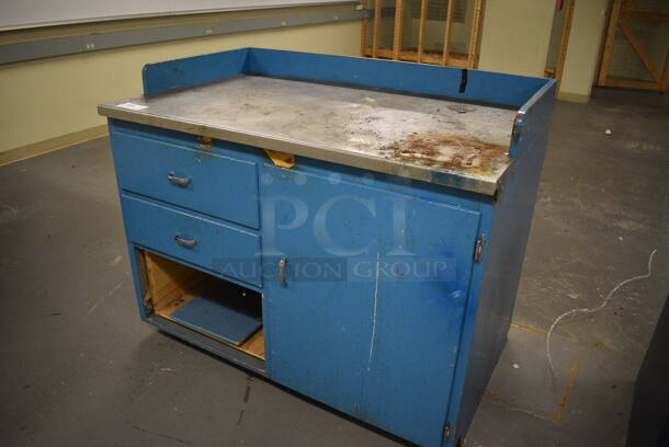 Blue Metal Table w/ 2 Drawers and Door. 48x30x39. (north basement 004e) - Image 2 of 7