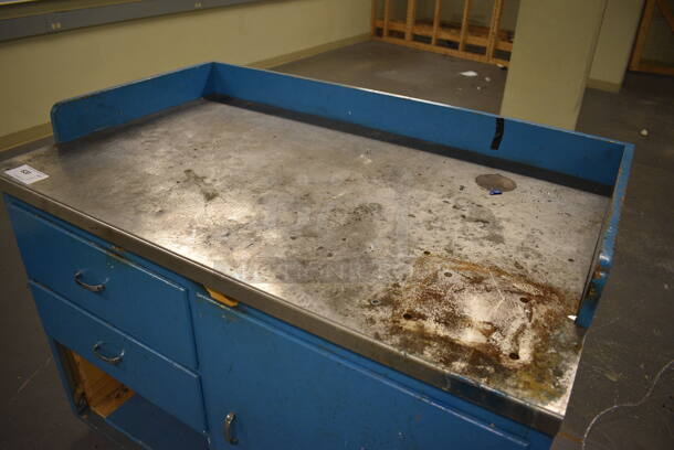 Blue Metal Table w/ 2 Drawers and Door. 48x30x39. (north basement 004e) - Image 3 of 7