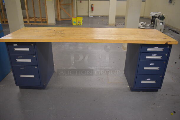 Butcher Block Tabletop on 3 Drawer Filing Cabinet and 4 Drawer Filing Cabinet. 96x30x36. (north basement 004e)
