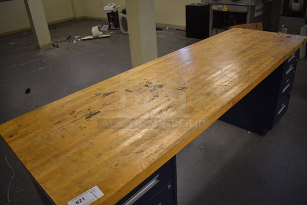 Butcher Block Tabletop on 3 Drawer Filing Cabinet and 4 Drawer Filing Cabinet. 96x30x36. (north basement 004e) - Image 4 of 7