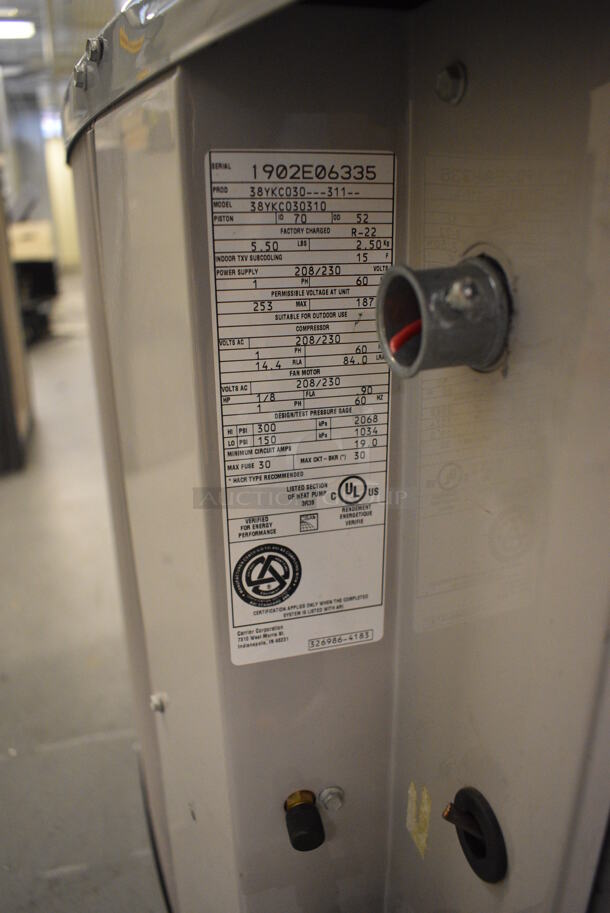 Carrier Model 38YKC030310 Metal Heat Pump. 208/230 Volts, 1 Phase. 35x30x26. (north basement 004e) - Image 5 of 7