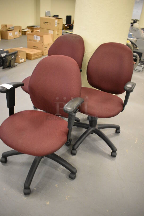 3 Maroon Office Chairs w/ Arm Rests on Casters. 25x22x37. 3 Times Your Bid! (south basement 019) - Image 2 of 4