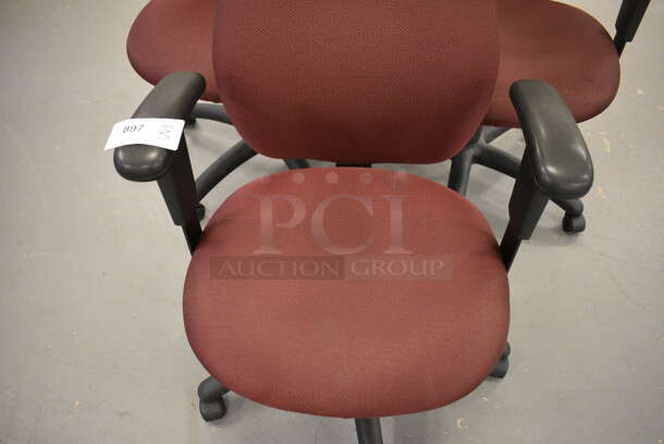 3 Maroon Office Chairs w/ Arm Rests on Casters. 25x22x37. 3 Times Your Bid! (south basement 019) - Image 3 of 4