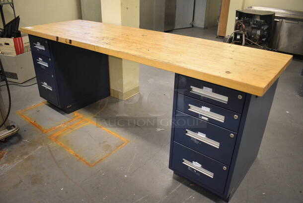 Butcher Block Tabletop on 3 Drawer Filing Cabinet and 4 Drawer Filing Cabinet. 96x30x36. (north basement 004e)
