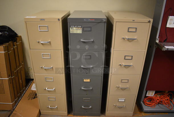 3 Various Metal 4 Drawer Filing Cabinets. 15x26x52. 3 Times Your Bid! (south basement 012)