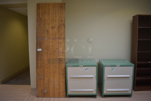 Butcher Block Tabletop and 2 Gray and Green 2 Drawer Cabinets. 96x30x2, 30x28x34. (across room 213)