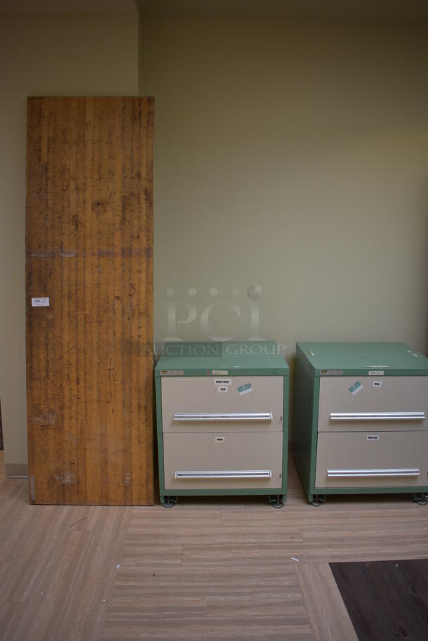 Butcher Block Tabletop and 2 Gray and Green 2 Drawer Cabinets. 96x30x2, 30x28x34. (across room 213) - Image 2 of 10