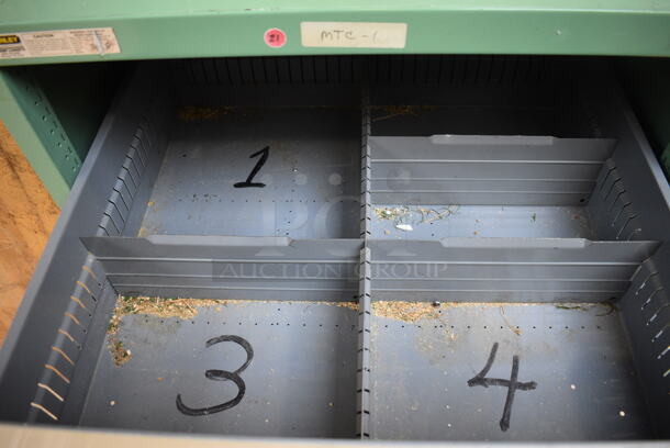 Butcher Block Tabletop and 2 Gray and Green 2 Drawer Cabinets. 96x30x2, 30x28x34. (across room 213) - Image 7 of 10