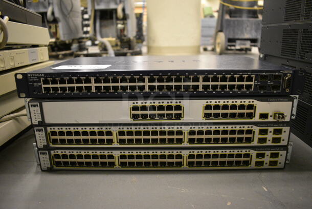 4 Various Units; 3 Cisco Catalyst Units and Netgear Unit. Includes 19x10x2. 4 Times Your Bid! (south basement 019)