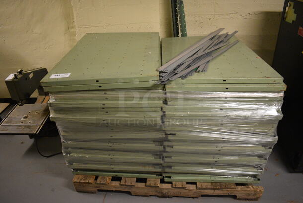 ALL ONE MONEY! PALLET LOT of Green Metal Shelves, Poles and Gray Connectors. Includes 36x24x1. (south basement 012)