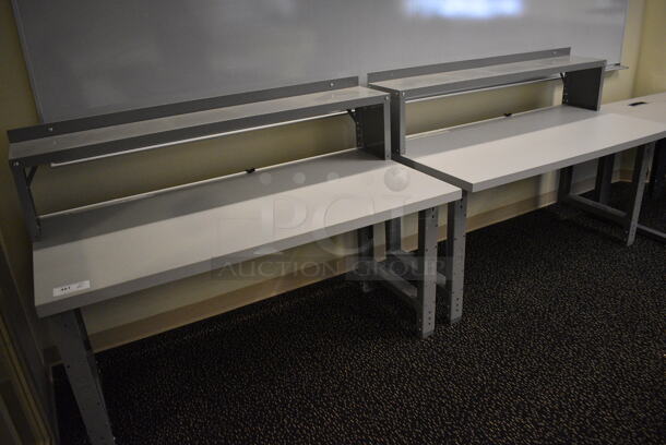 3 Various Gray Table. 2 w/ Over Shelf. 60x30x44, 72x30x29. 3 Times Your Bid! (room 220)