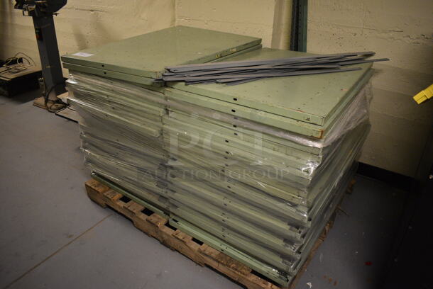 ALL ONE MONEY! PALLET LOT of Green Metal Shelves, Poles and Gray Connectors. Includes 36x24x1. (south basement 012) - Image 2 of 5