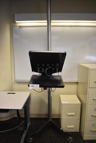 Metal Stand w/ ViewEra Computer Monitor and Majestic Model 1200 Geared Tripod Head on Casters. 29x50x100. (room 220)