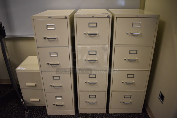 3 Various Tan Metal 4 Drawer Filing Cabinets. Includes 15x27x52. 3 Times Your Bid! (room 220)