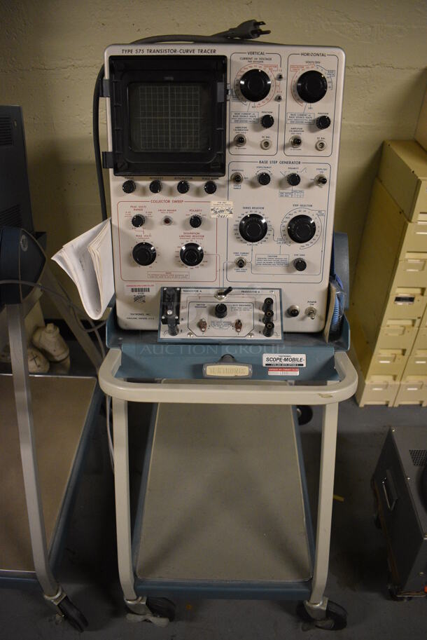 Tektronix Type 575 Metal Transistor Curve Tracker on Cart w/ Commercial Casters. 18x28x49. (south basement 012)