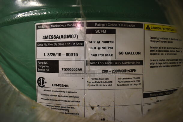 BRAND NEW! 4ME98A(AGM07) Green Metal Electric 60 Gallon Air Compressor. 31x18x69. (south basement 012) - Image 4 of 6