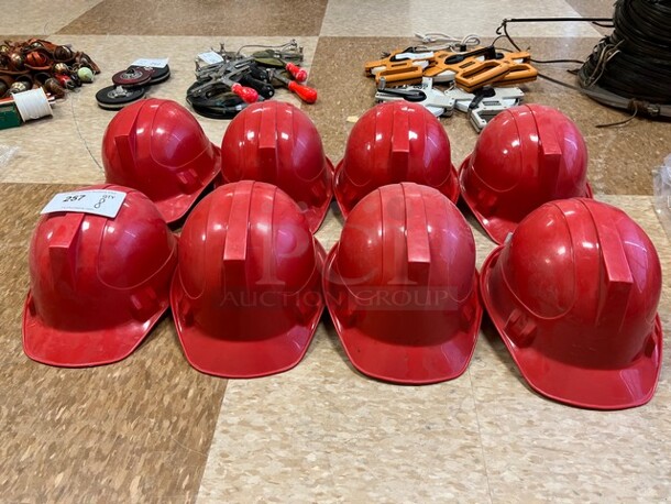 ALL ONE MONEY! Lot of 8 Red Hard Hats! 9x12x6. (room 122)