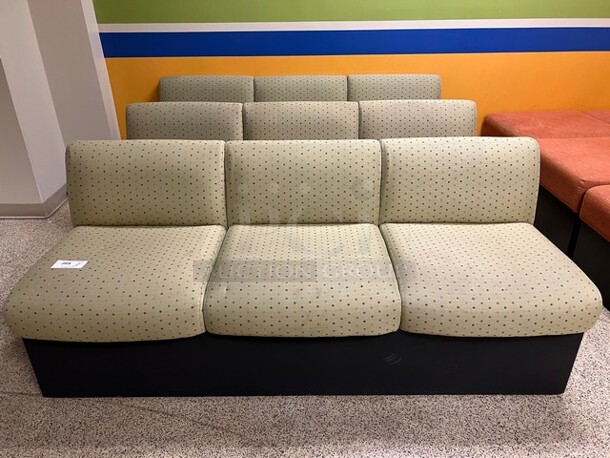 3 Green Patterned 3 Seat Couches. 72x27x30. 3 Times Your Bid! (across elevators)